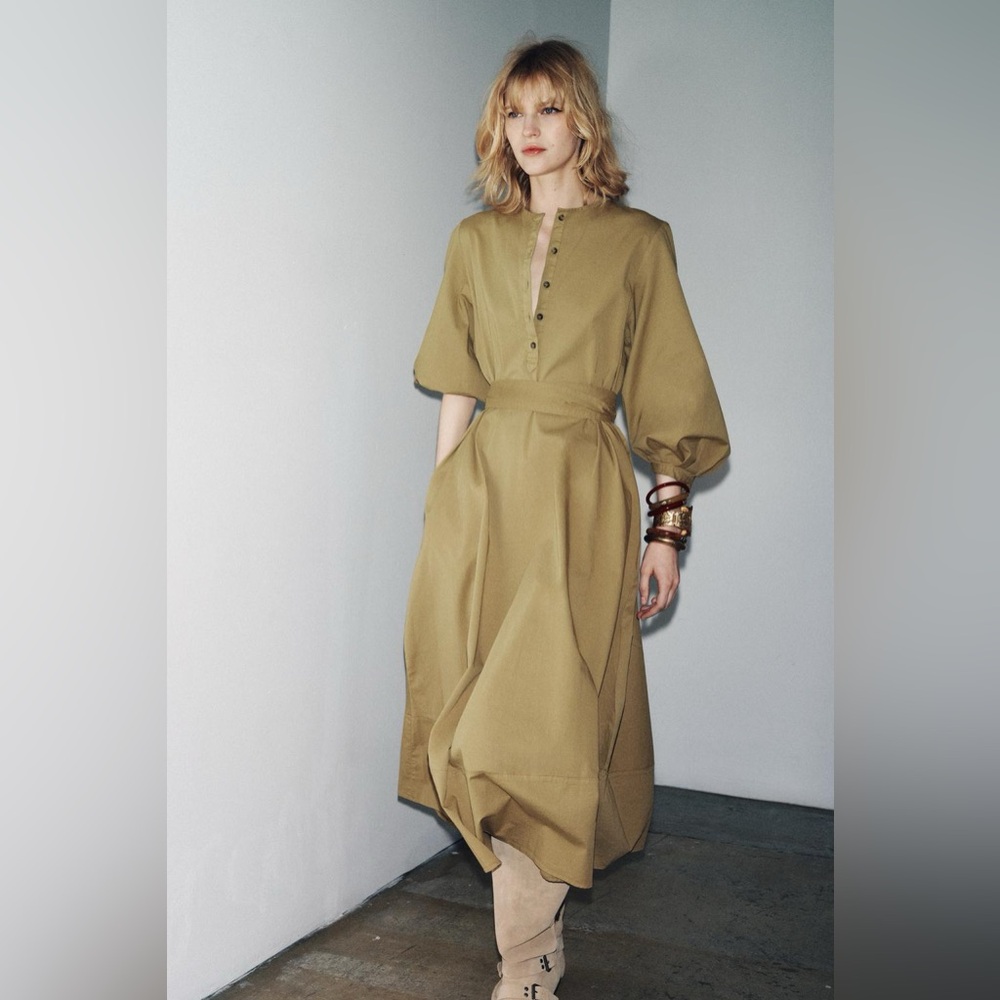 ZARA Belted cotton poplin shirt dress w Balloon Sleeves. ZW Collection  NWT - Picture 2 of 15